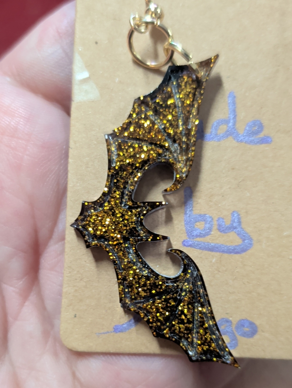 Handcast Resin Bat Earrings Black & Gold Glitter Gothic Halloween Statement - Picture 7 of 8